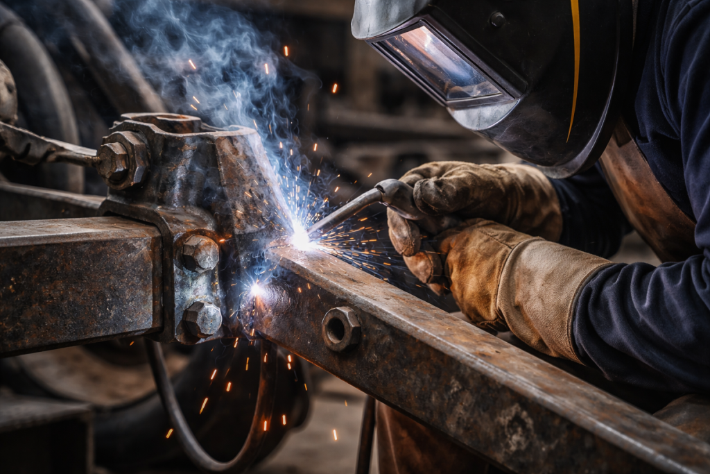 Welding services strengthening loose metal joint on equipment frame.