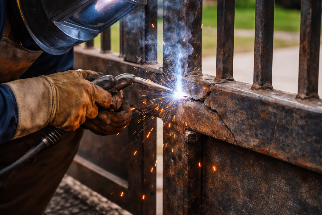 Welding services repairing cracked metal gate with welding torch.